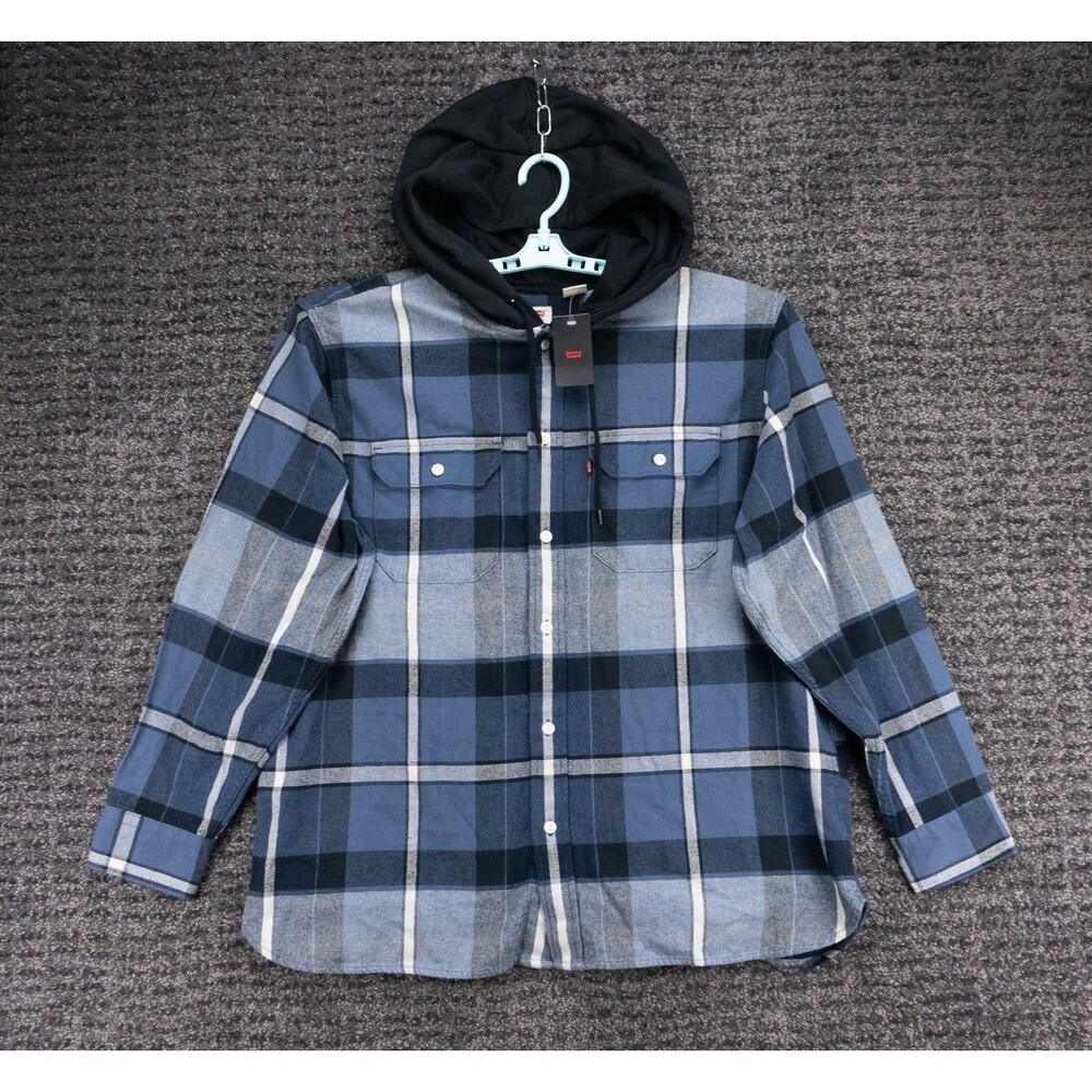 Levis Worker Shirt Mens XL Relaxed Blue Plaid Flannel Hooded Casual Outdoor NWT
